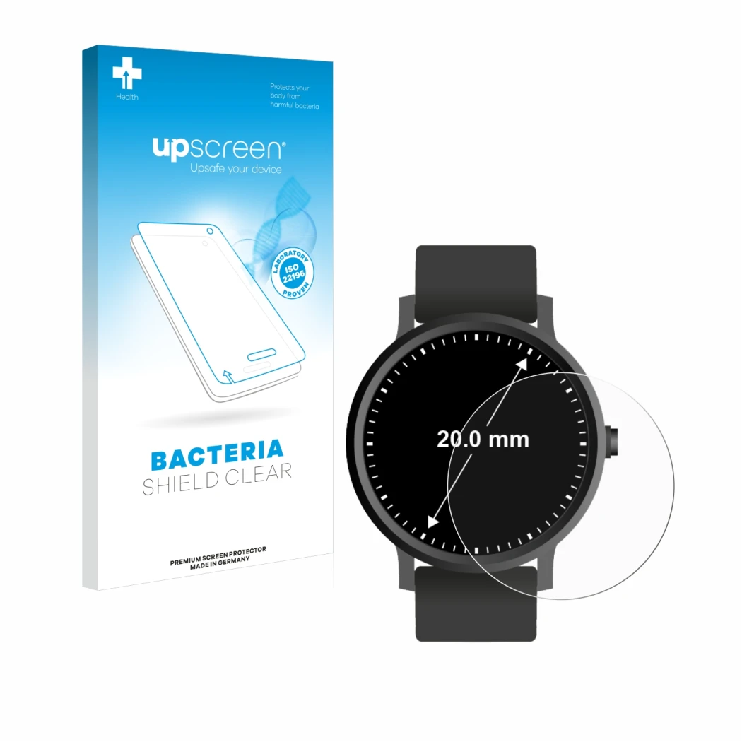 Face avant d’un emballage produit avec le logo de la marque upscreen. À côté, l’appareil Circulaire Displays (ø: 20 mm) est re