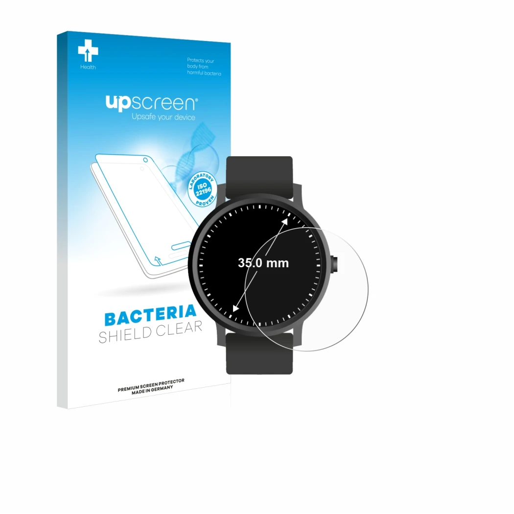 Face avant d’un emballage produit avec le logo de la marque upscreen. À côté, l’appareil Circulaire Displays (ø: 35 mm) est re