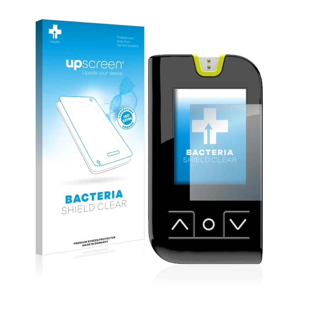 Face avant d’un emballage produit avec le logo de la marque upscreen. À côté, l’appareil Mylife Unio Neva est représenté avec 