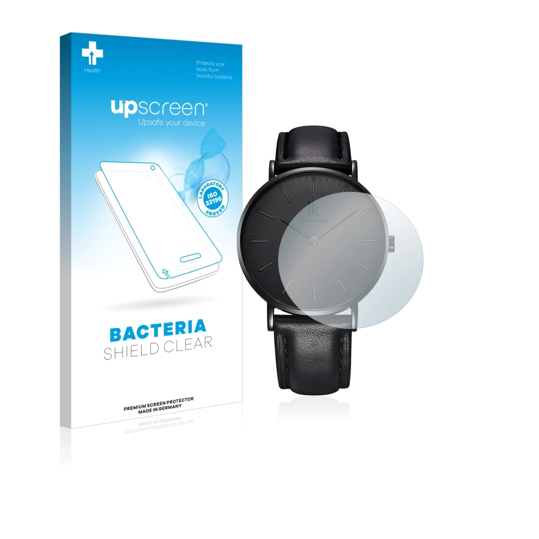 Face avant d’un emballage produit avec le logo de la marque upscreen. À côté, l’appareil Alienwork IK Montre (36 mm) est repré
