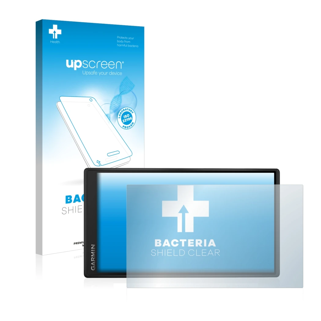 Face avant d’un emballage produit avec le logo de la marque upscreen. À côté, l’appareil Garmin DriveSmart 55 est représenté a