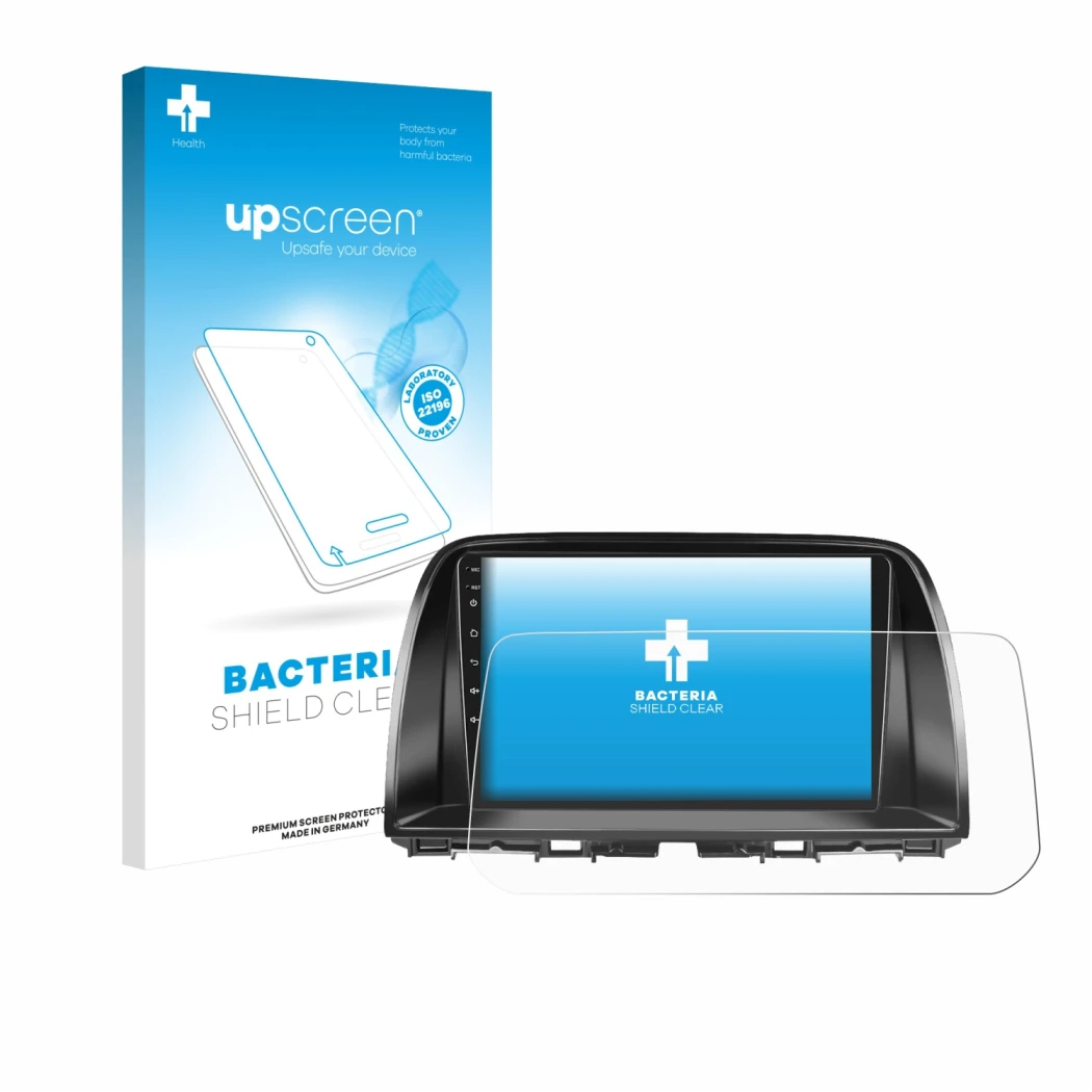 Face avant d’un emballage produit avec le logo de la marque upscreen. À côté, l’appareil Mazda CX-5 2017 Infotainment System e