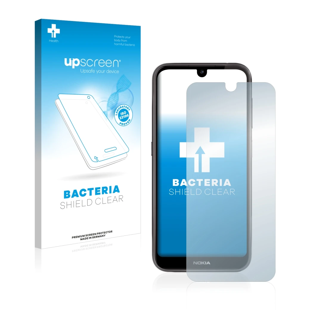 Face avant d’un emballage produit avec le logo de la marque upscreen. À côté, l’appareil Nokia 4.2 est représenté avec la prot