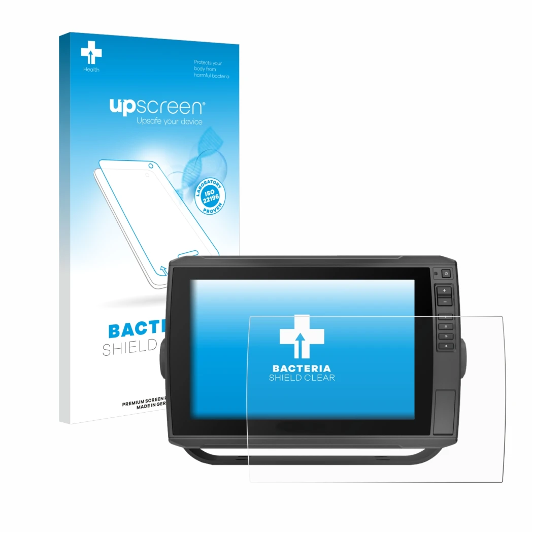 Face avant d’un emballage produit avec le logo de la marque upscreen. À côté, l’appareil Garmin ECHOMAP Ultra 102sv est représ