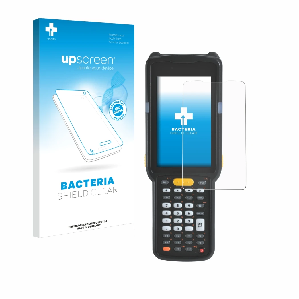 Face avant d’un emballage produit avec le logo de la marque upscreen. À côté, l’appareil Zebra MC330 est représenté avec la pr