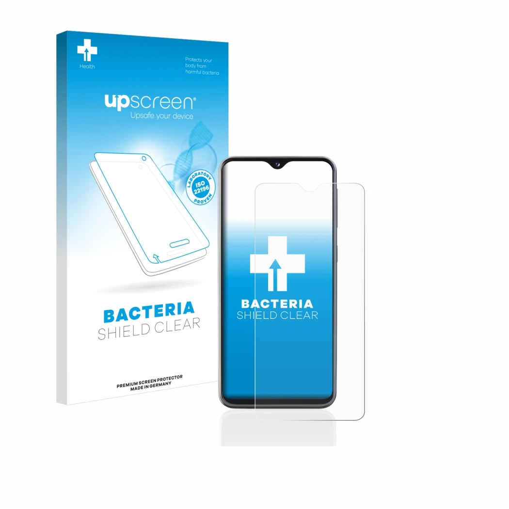 Face avant d’un emballage produit avec le logo de la marque upscreen. À côté, l’appareil Samsung Galaxy A20e est représenté av