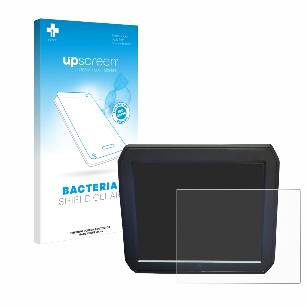 Face avant d’un emballage produit avec le logo de la marque upscreen. À côté, l’appareil Keyence IM-7020 (Affichage + Touchpad