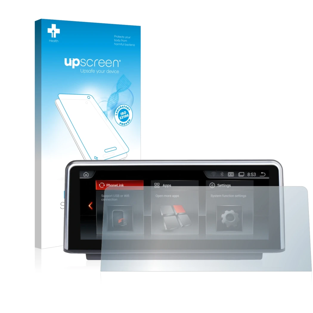 Face avant d’un emballage produit avec le logo de la marque upscreen. À côté, l’appareil NaviFly Android (10.2