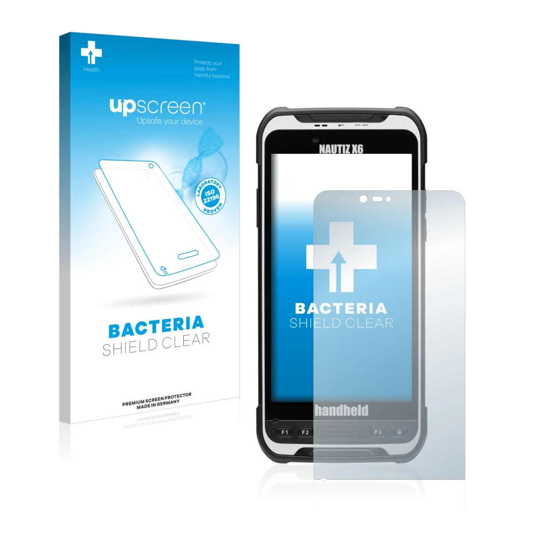 Face avant d’un emballage produit avec le logo de la marque upscreen. À côté, l’appareil Handheld Nautiz X6 est représenté ave