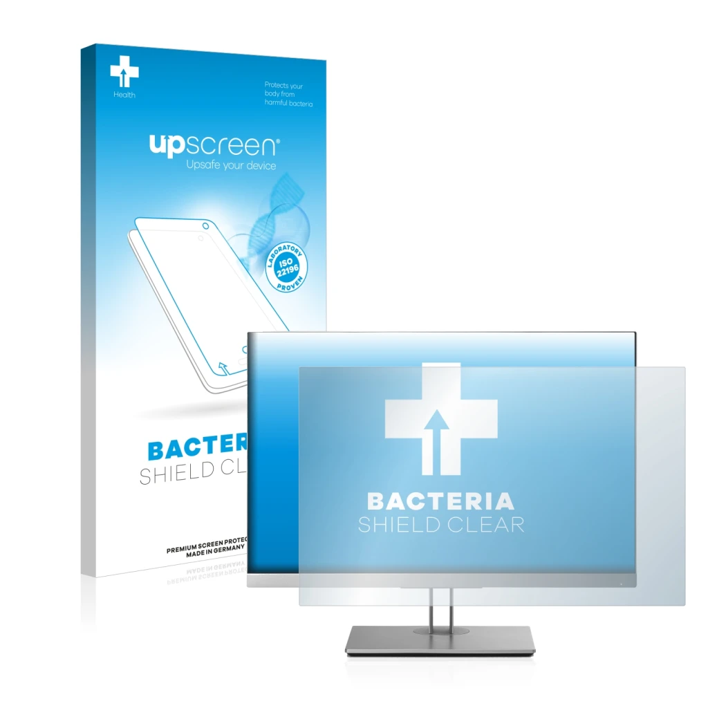 Face avant d’un emballage produit avec le logo de la marque upscreen. À côté, l’appareil HP EliteDisplay E243i est représenté