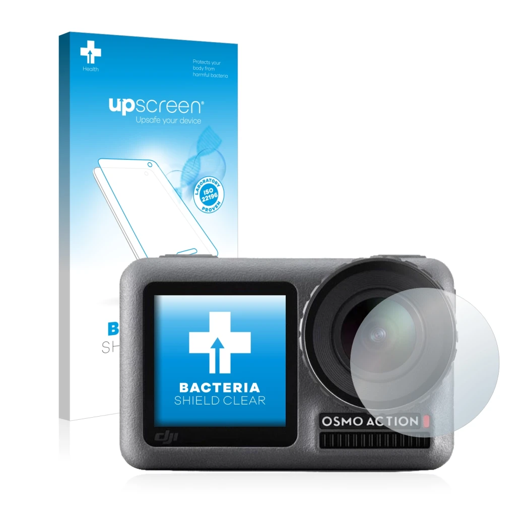 Face avant d’un emballage produit avec le logo de la marque upscreen. À côté, l’appareil DJI Osmo Action (Lentille) est représ