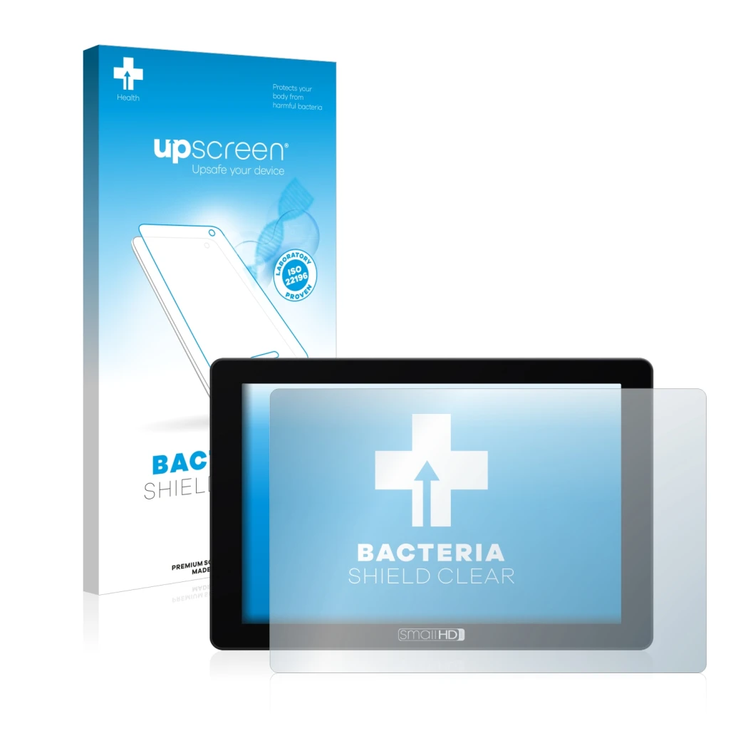 Face avant d’un emballage produit avec le logo de la marque upscreen. À côté, l’appareil SmallHD 702 Touch est représenté avec