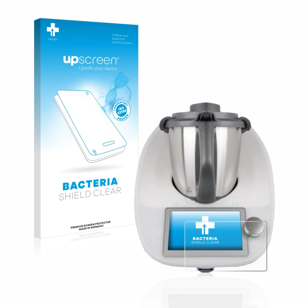 Face avant d’un emballage produit avec le logo de la marque upscreen. À côté, l’appareil Vorwerk Bimby TM6 est représenté avec