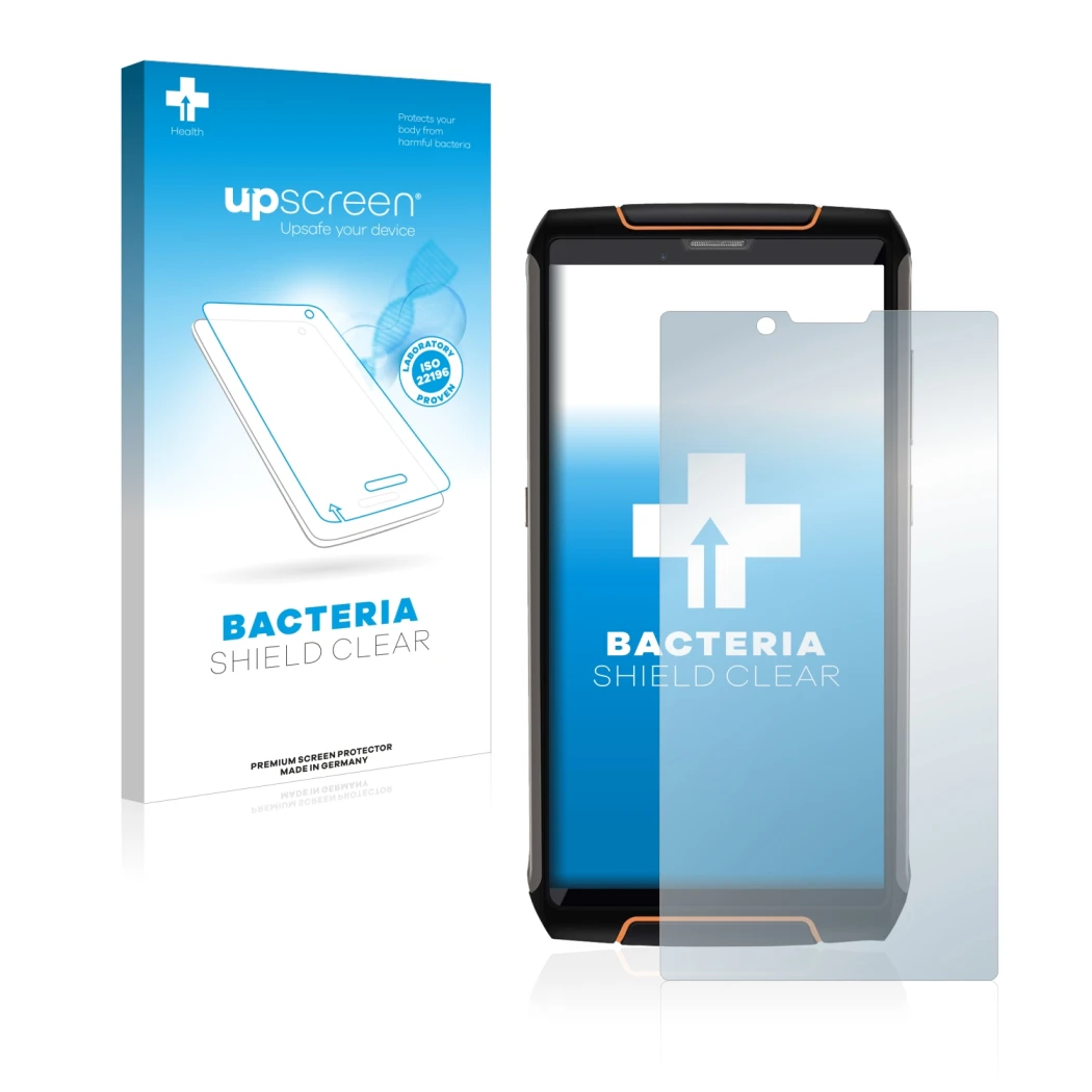 Face avant d’un emballage produit avec le logo de la marque upscreen. À côté, l’appareil Cubot King Kong 3 est représenté avec