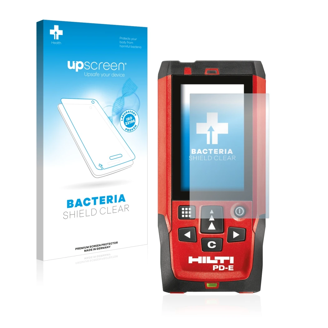 Face avant d’un emballage produit avec le logo de la marque upscreen. À côté, l’appareil Hilti PD-E est représenté avec la pro