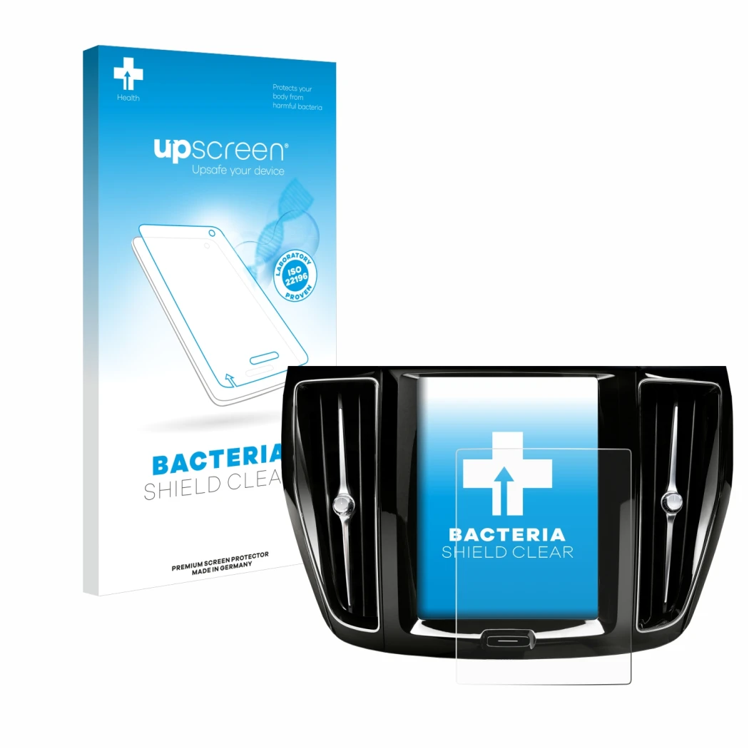 Face avant d’un emballage produit avec le logo de la marque upscreen. À côté, l’appareil Volvo V60 Sensus Connect 2019-2020 es