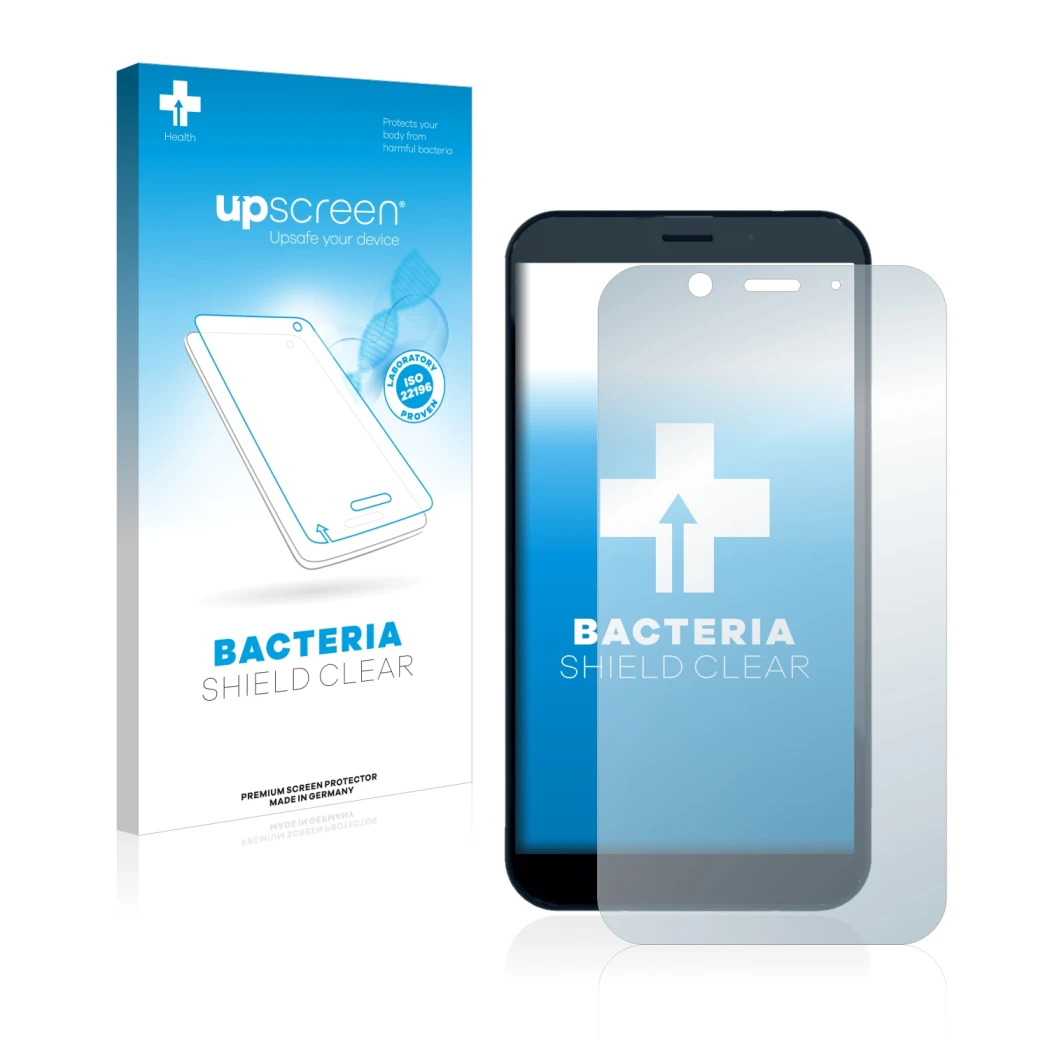 Face avant d’un emballage produit avec le logo de la marque upscreen. À côté, l’appareil Shiftphones Shift6m est représenté av