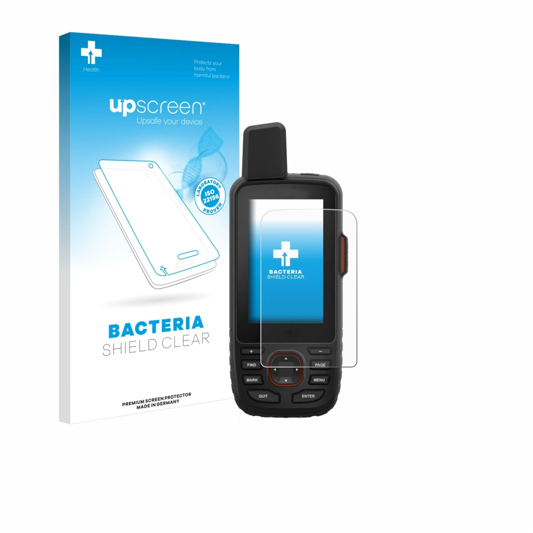 Face avant d’un emballage produit avec le logo de la marque upscreen. À côté, l’appareil Garmin GPSMAP 66i est représenté avec