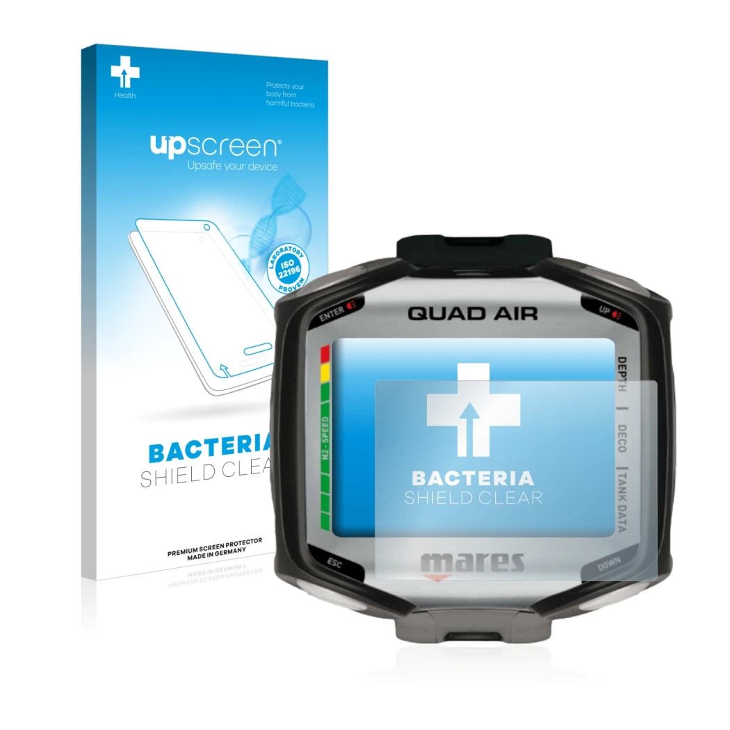 Face avant d’un emballage produit avec le logo de la marque upscreen. À côté, l’appareil Mares Quad Air est représenté avec la
