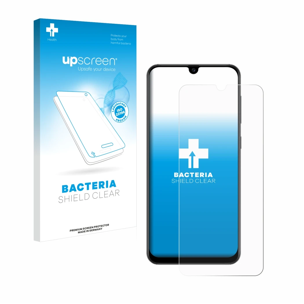 Face avant d’un emballage produit avec le logo de la marque upscreen. À côté, l’appareil Samsung Galaxy A50s est représenté av