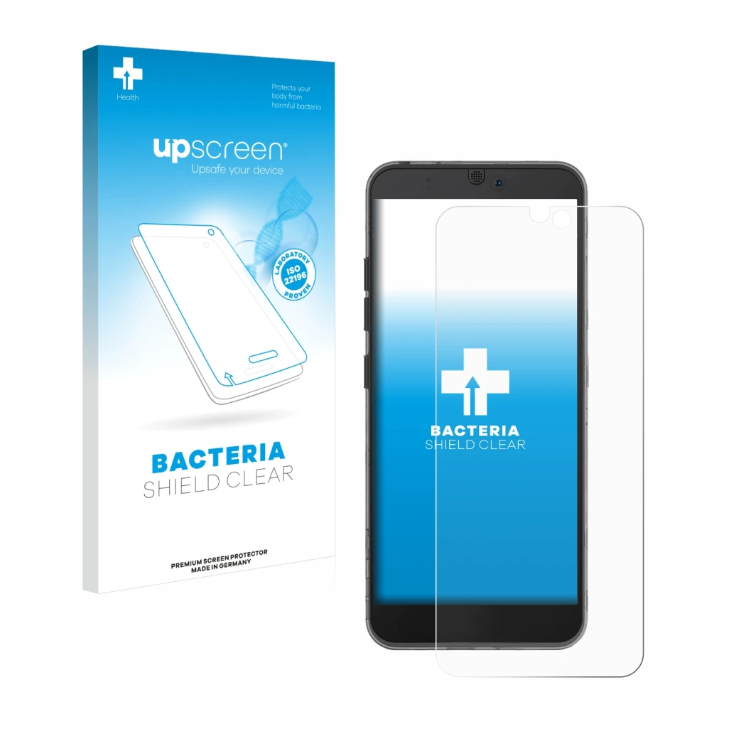 Face avant d’un emballage produit avec le logo de la marque upscreen. À côté, l’appareil Fairphone 3 est représenté avec la pr