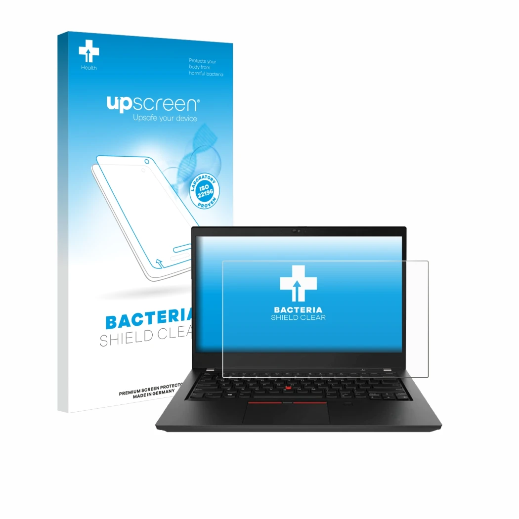 Face avant d’un emballage produit avec le logo de la marque upscreen. À côté, l’appareil Lenovo ThinkPad T490 Non-Touch est re