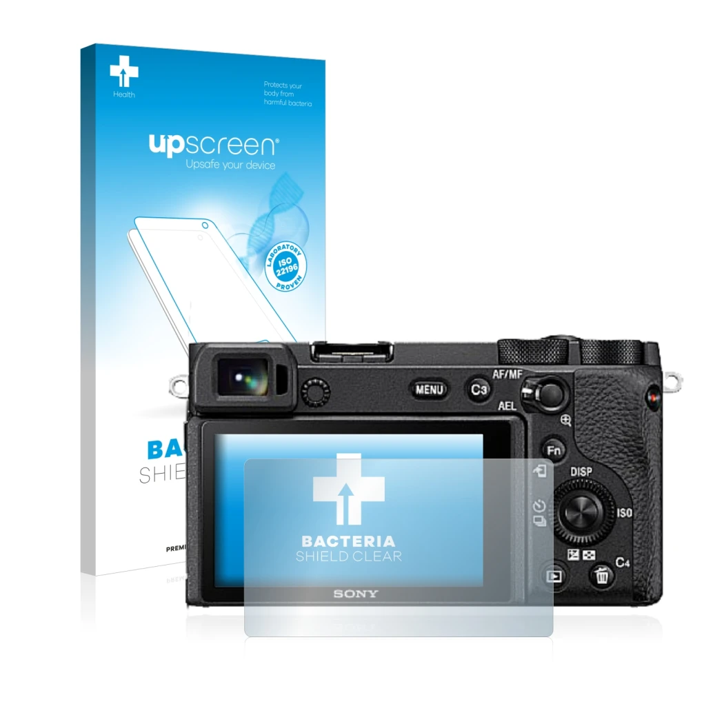 Face avant d’un emballage produit avec le logo de la marque upscreen. À côté, l’appareil Sony Alpha 6600 est représenté avec l