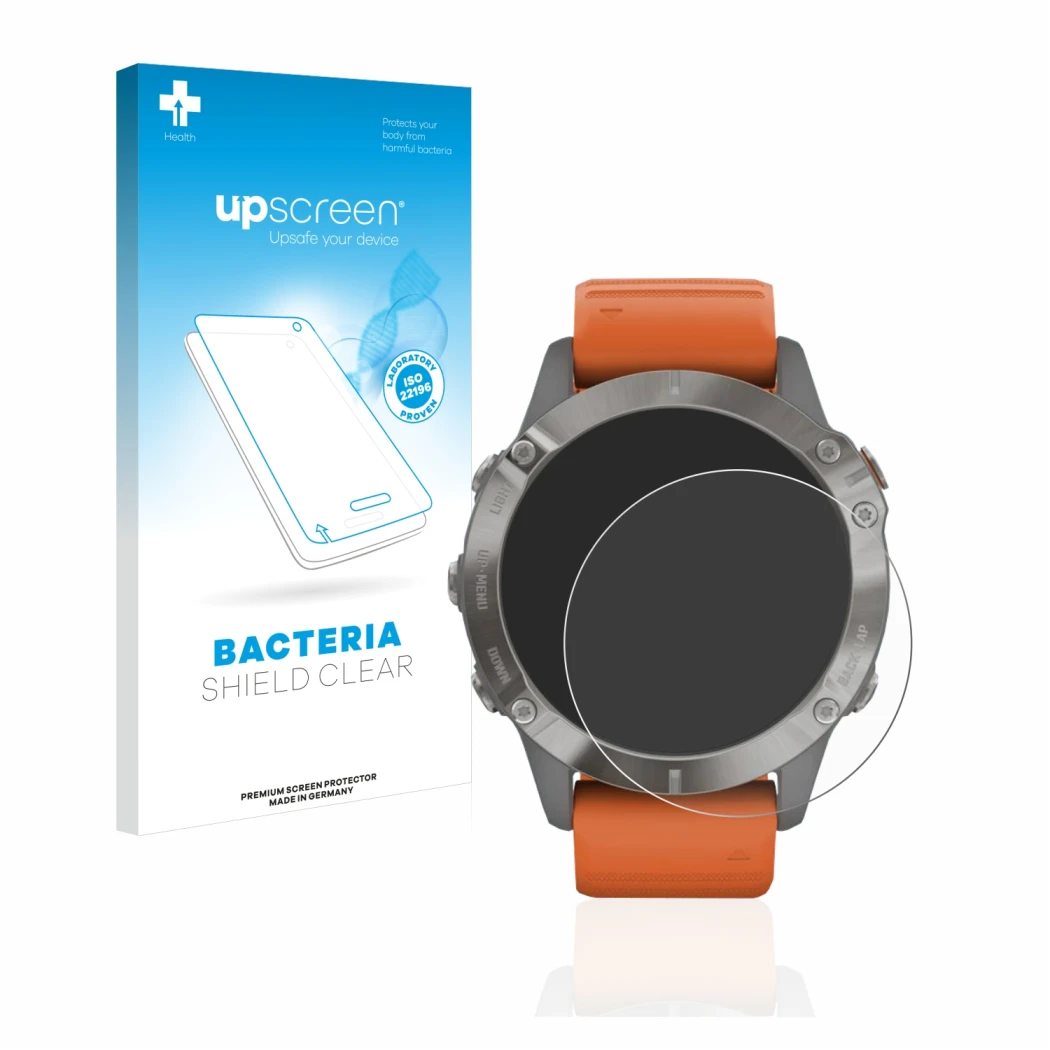 Face avant d’un emballage produit avec le logo de la marque upscreen. À côté, l’appareil Garmin Fenix 6 Pro est représenté ave