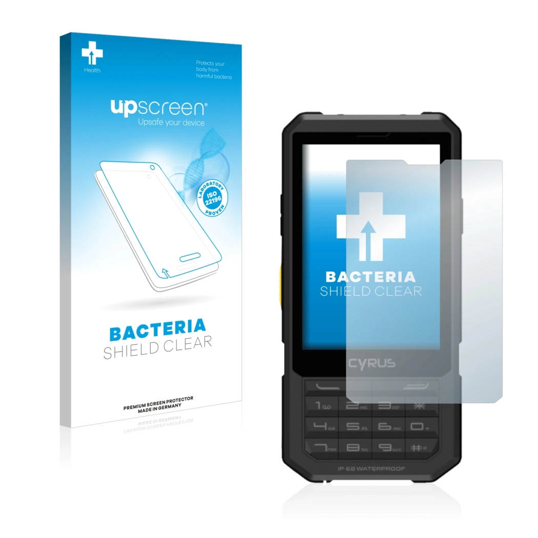 Face avant d’un emballage produit avec le logo de la marque upscreen. À côté, l’appareil Cyrus CM 17 Hybrid est représenté ave