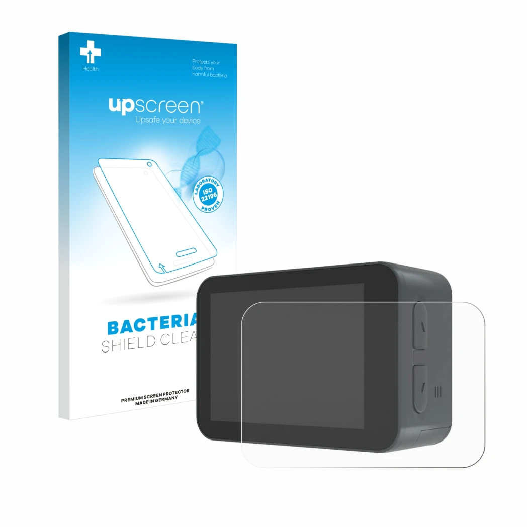 Face avant d’un emballage produit avec le logo de la marque upscreen. À côté, l’appareil Akaso V50X est représenté avec la pro