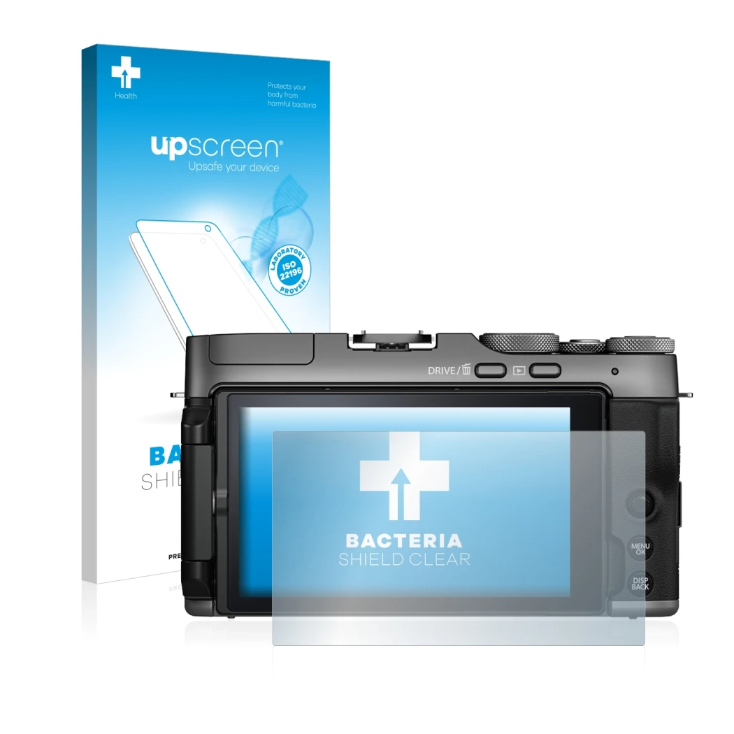 Face avant d’un emballage produit avec le logo de la marque upscreen. À côté, l’appareil Fujifilm X-A7 est représenté avec la 