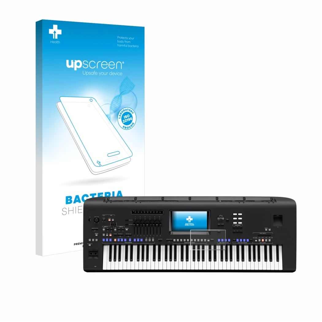 Face avant d’un emballage produit avec le logo de la marque upscreen. À côté, l’appareil Yamaha Genos est représenté avec la p