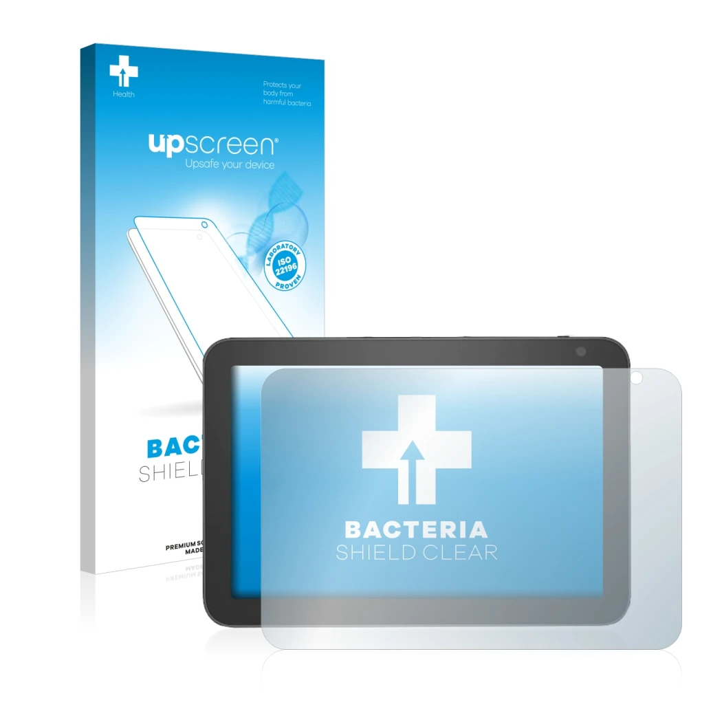 Face avant d’un emballage produit avec le logo de la marque upscreen. À côté, l’appareil Amazon Echo Show 8 (1ère Gen.) est re