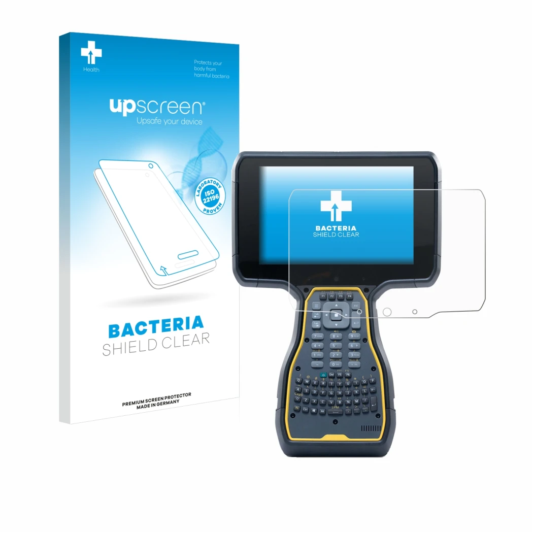 Face avant d’un emballage produit avec le logo de la marque upscreen. À côté, l’appareil Trimble TSC7 Controller est représent