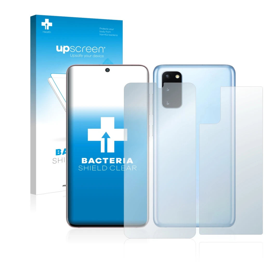 Face avant d’un emballage produit avec le logo de la marque upscreen. À côté, l’appareil Samsung Galaxy S20 (Avant+Arrière) es