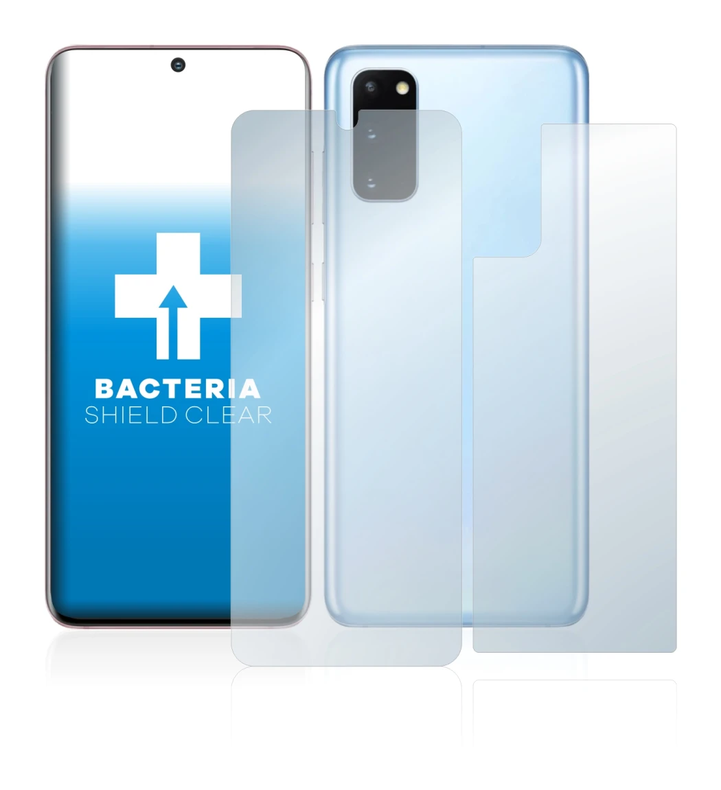 Image de l'appareil Samsung Galaxy S20 (Avant+Arrière) avec une grande variété de protections d'écran.