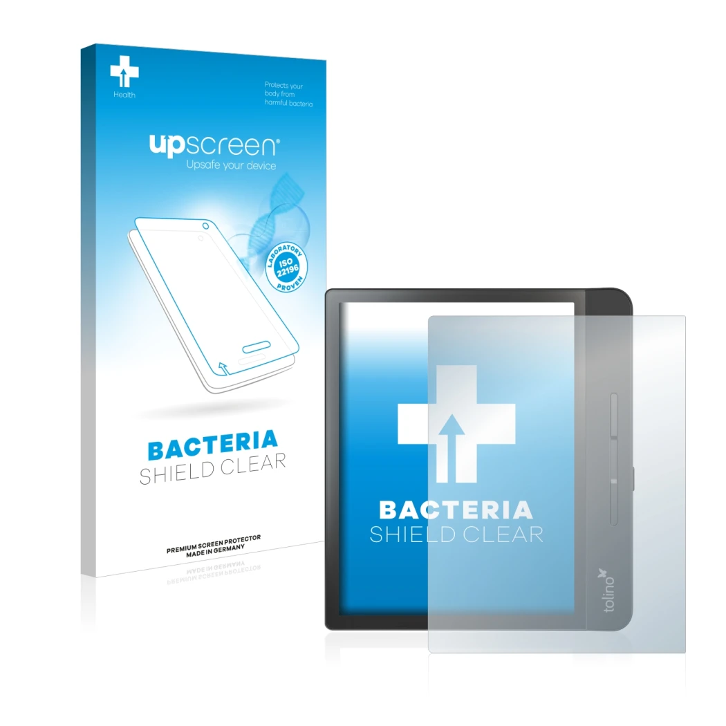Face avant d’un emballage produit avec le logo de la marque upscreen. À côté, l’appareil Tolino Epos 2 est représenté avec la 