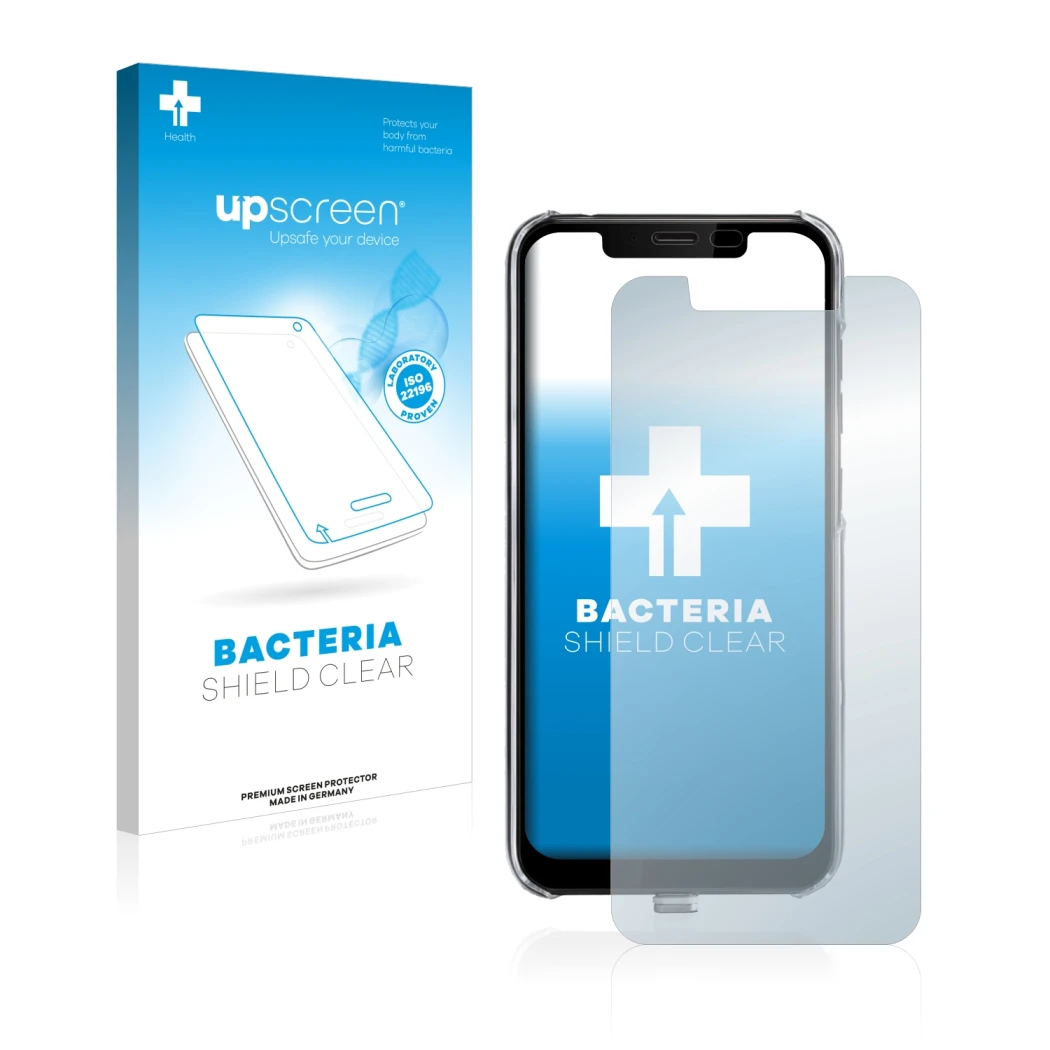 Face avant d’un emballage produit avec le logo de la marque upscreen. À côté, l’appareil Gigaset GS195LS est représenté avec l