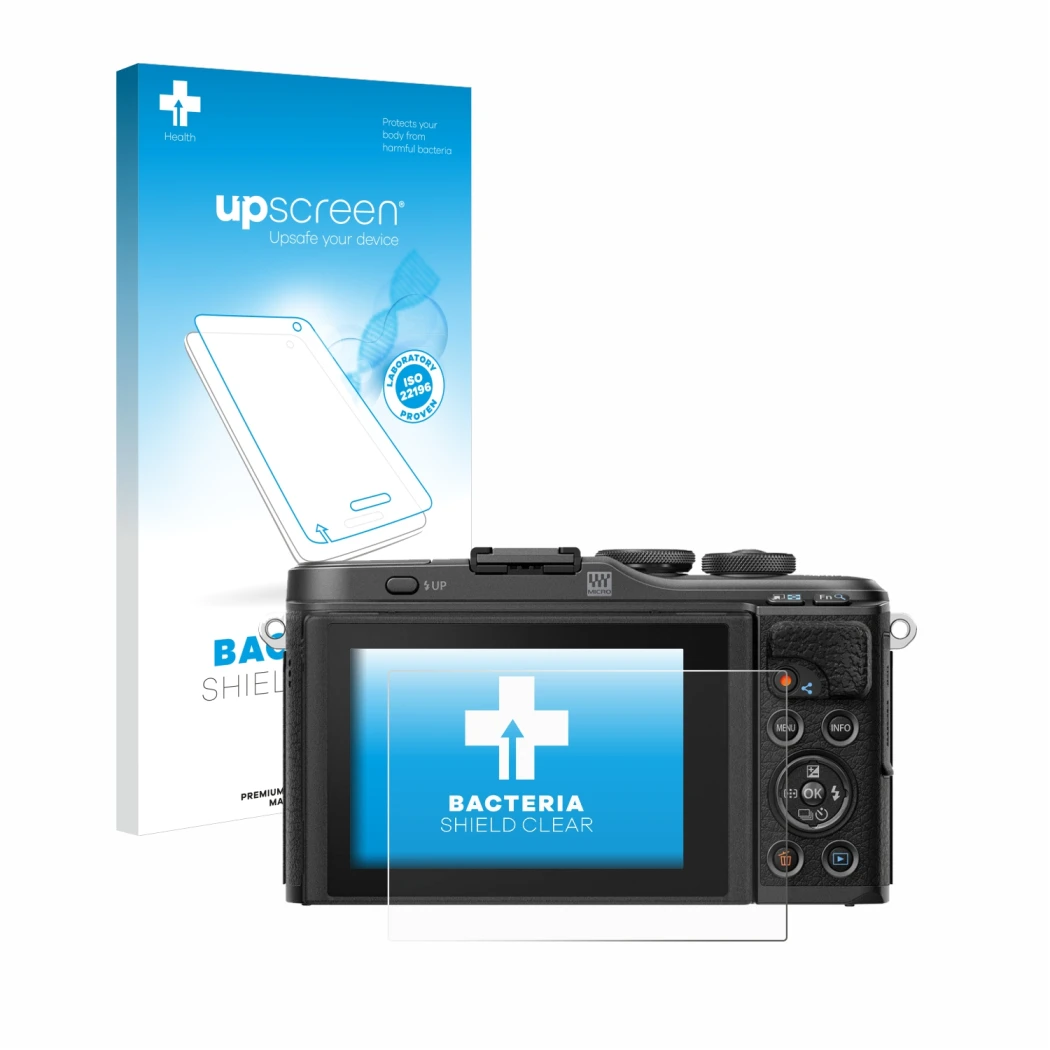 Face avant d’un emballage produit avec le logo de la marque upscreen. À côté, l’appareil Olympus PEN E-PL10 est représenté ave