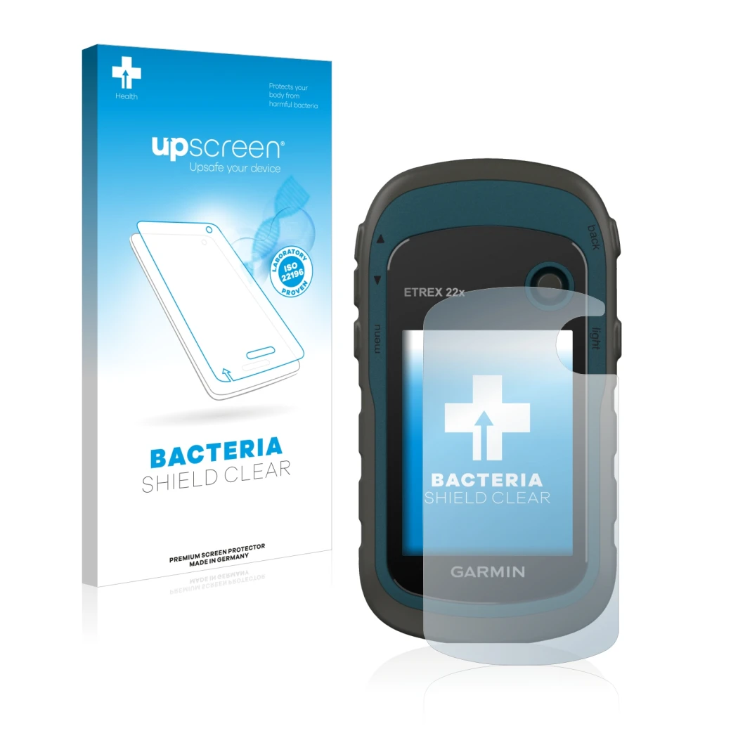 Face avant d’un emballage produit avec le logo de la marque upscreen. À côté, l’appareil Garmin eTrex 22x est représenté avec 