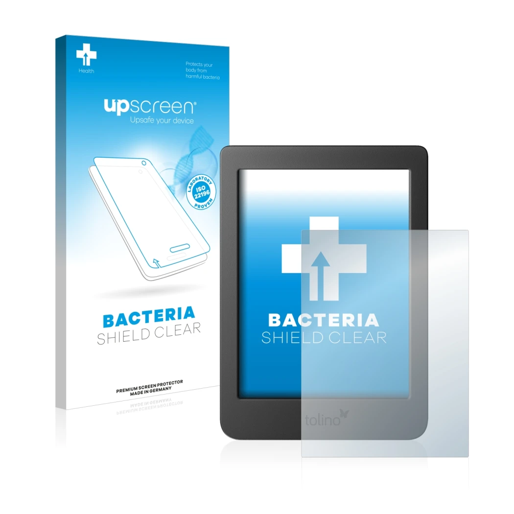 Face avant d’un emballage produit avec le logo de la marque upscreen. À côté, l’appareil Tolino Page 2 est représenté avec la