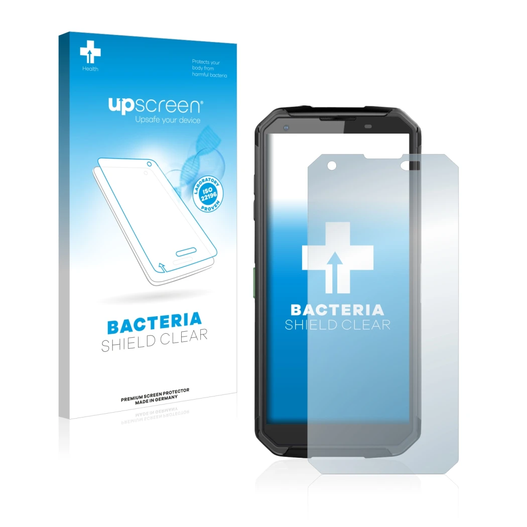 Face avant d’un emballage produit avec le logo de la marque upscreen. À côté, l’appareil Blackview BV9500 Plus est représenté 
