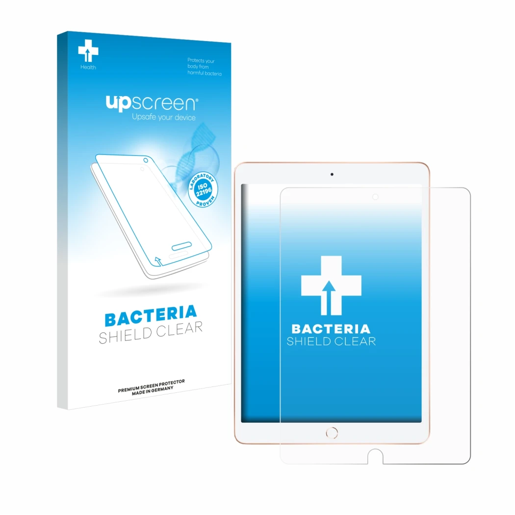 Face avant d’un emballage produit avec le logo de la marque upscreen. À côté, l’appareil Apple iPad 10.2