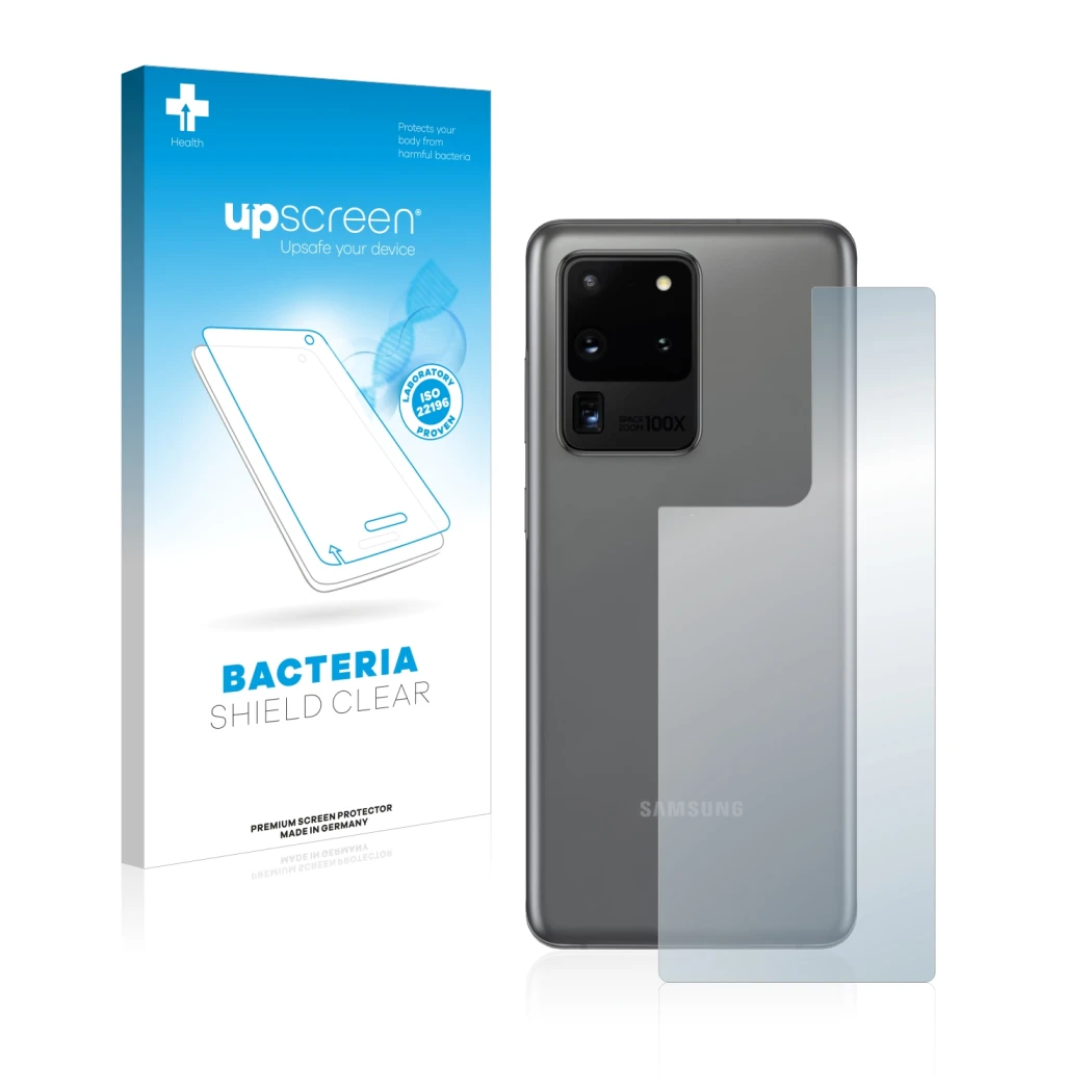 Face avant d’un emballage produit avec le logo de la marque upscreen. À côté, l’appareil Samsung Galaxy S20 Ultra (Arrière) es