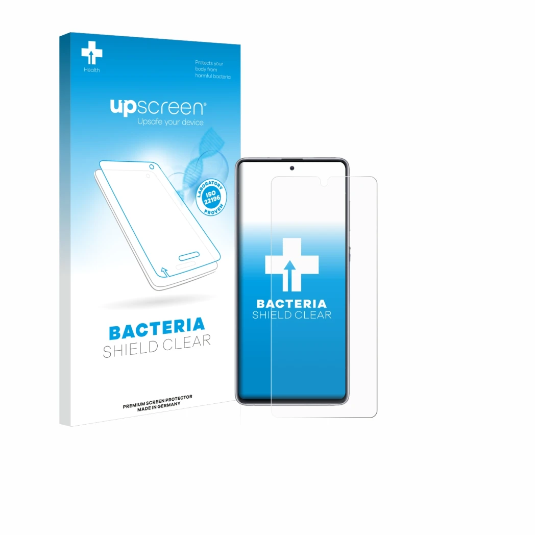 Face avant d’un emballage produit avec le logo de la marque upscreen. À côté, l’appareil Samsung Galaxy Note 10 Lite est repré
