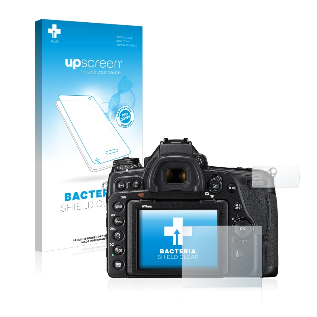 Face avant d’un emballage produit avec le logo de la marque upscreen. À côté, l’appareil Nikon D780 est représenté avec la pro
