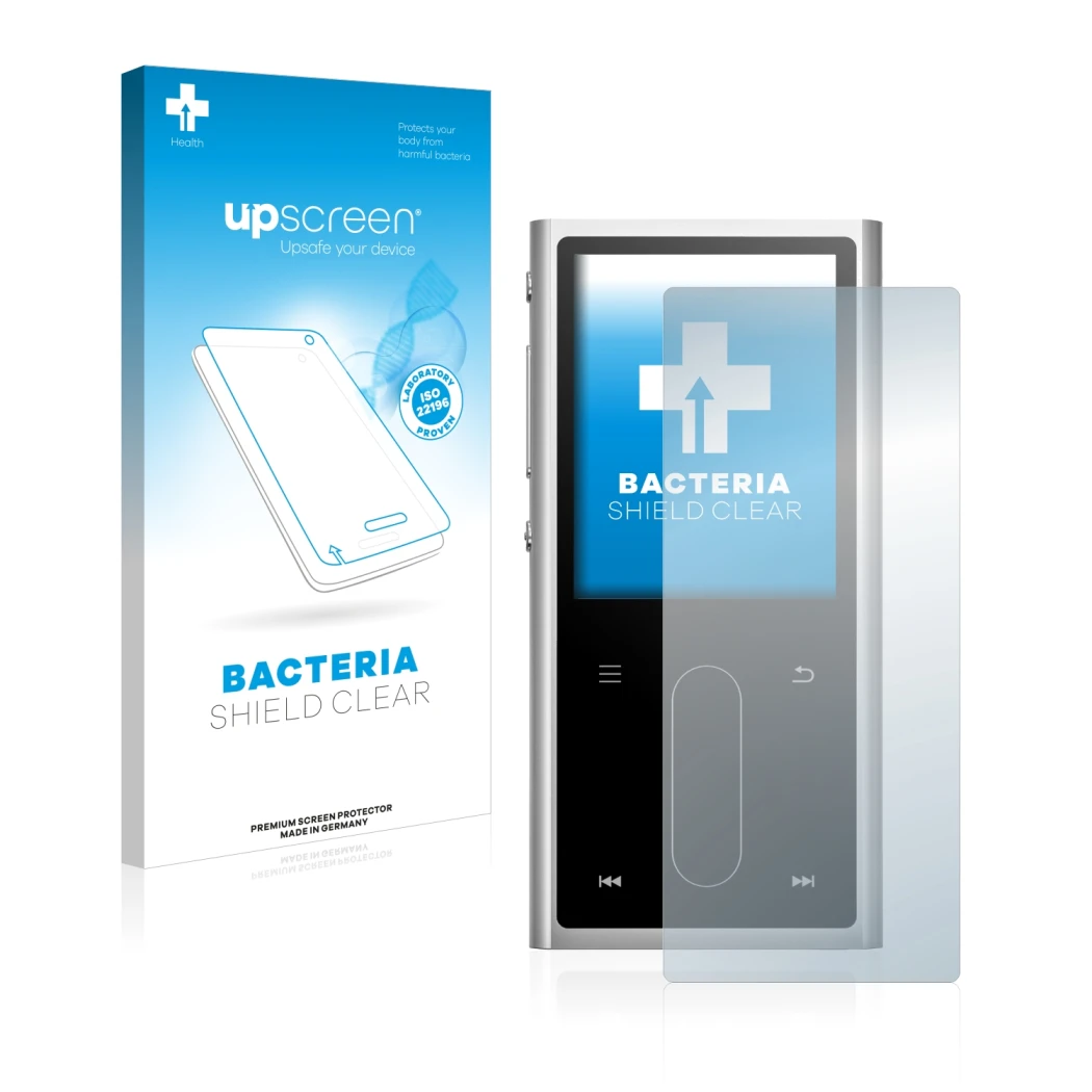 Face avant d’un emballage produit avec le logo de la marque upscreen. À côté, l’appareil FiiO M3K est représenté avec la prote