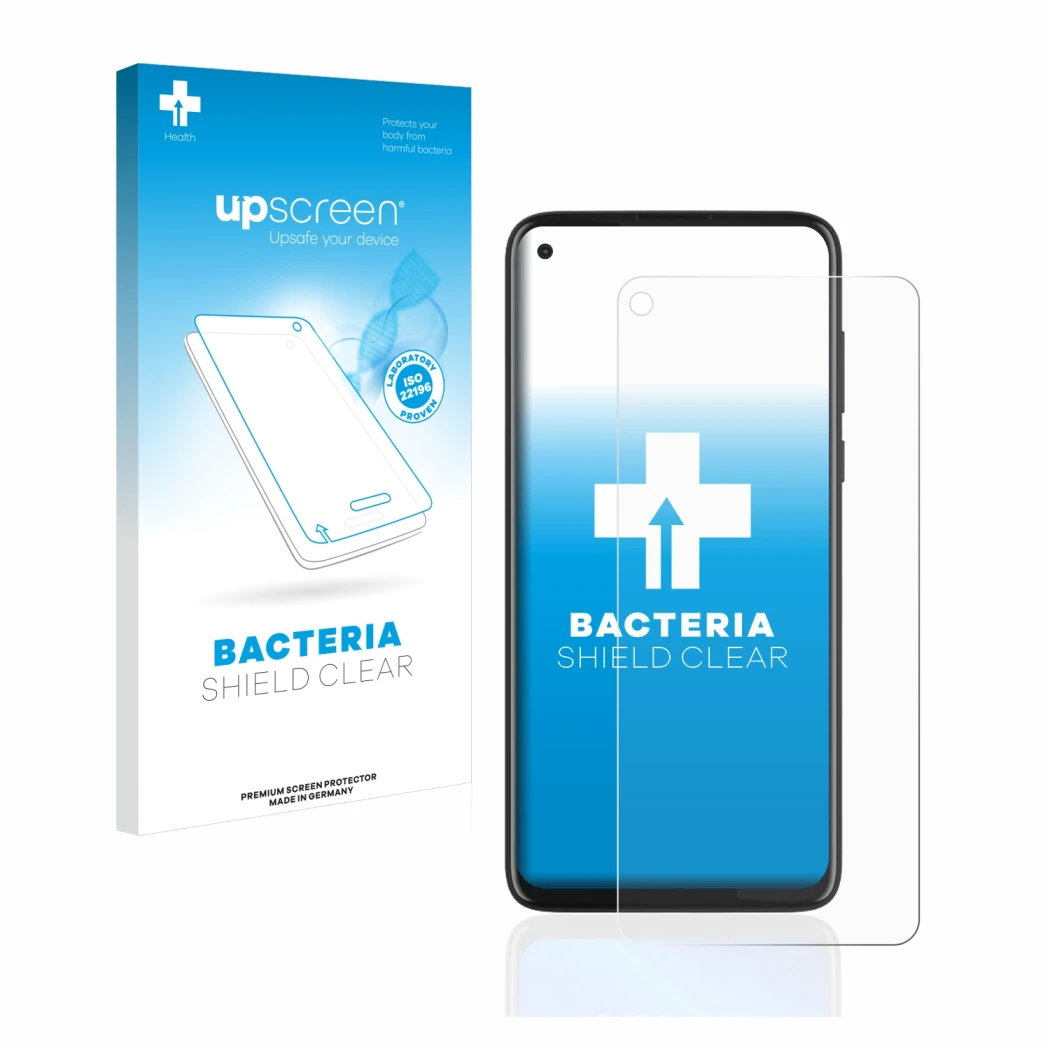 Face avant d’un emballage produit avec le logo de la marque upscreen. À côté, l’appareil Motorola Moto G8 Power est représenté