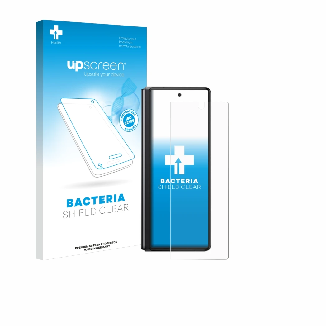 Face avant d’un emballage produit avec le logo de la marque upscreen. À côté, l’appareil Samsung Galaxy Z Fold 2 5G est représ