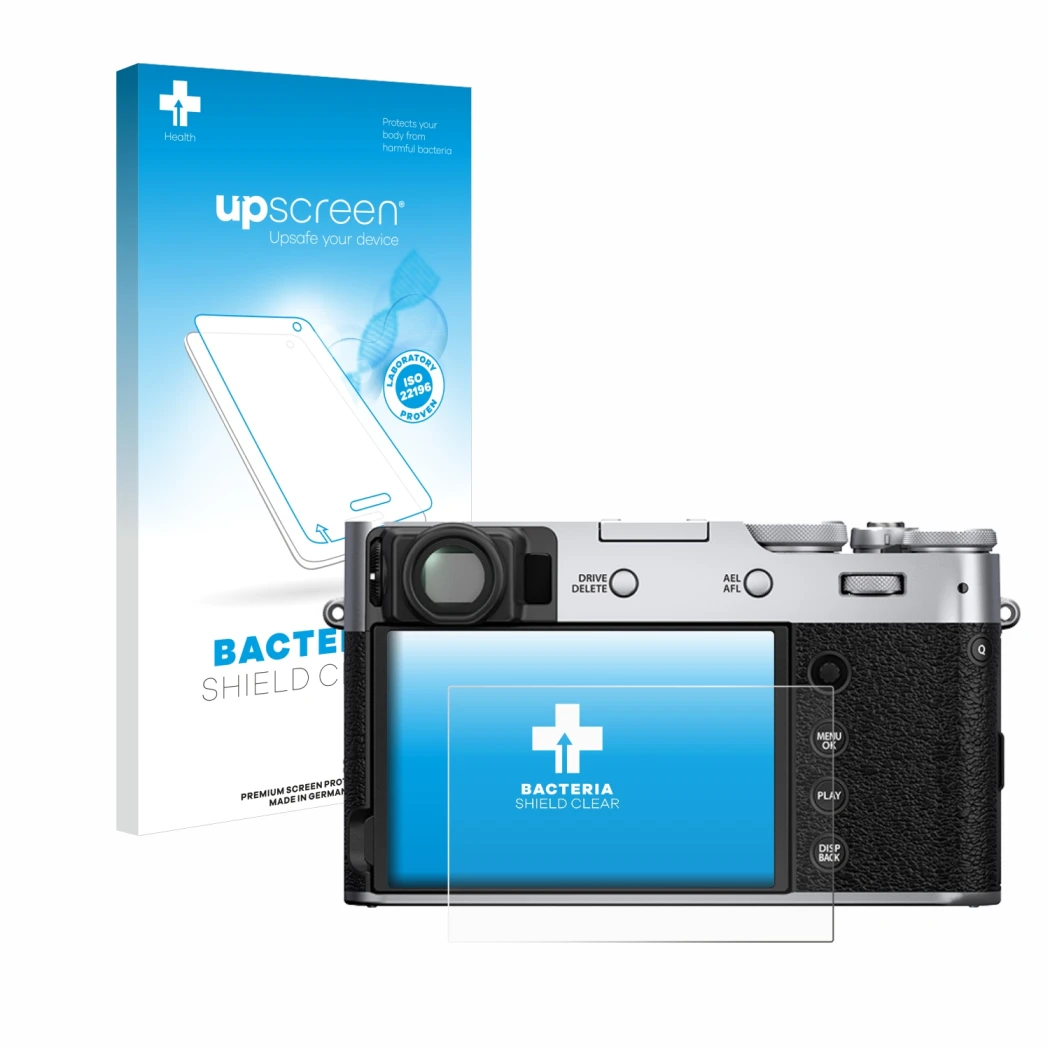 Face avant d’un emballage produit avec le logo de la marque upscreen. À côté, l’appareil Fujifilm X100V est représenté avec la